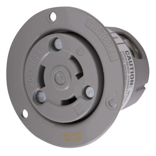 Hubbell HBL2616F, Insulgrip Flanged Receptacles, Heat Stabilized, Gray Nylon, 30A 125V, L5-30R, 2-Pole 3-Wire Grounding