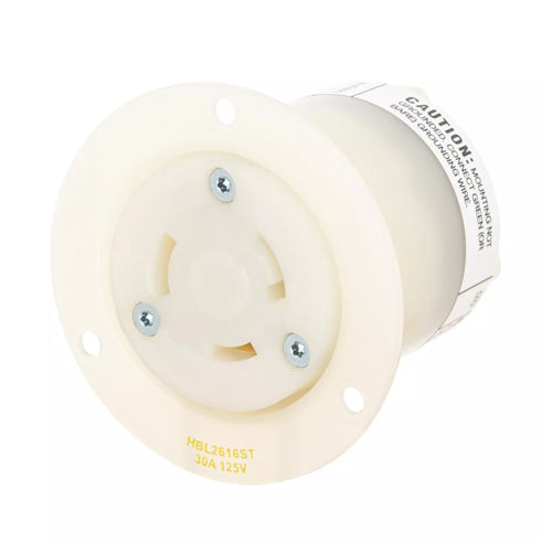 Hubbell HBL2616ST, Insulgrip Flanged Receptacles, Spring Termination, Nylon Casing, Back Wired, 30A 125V, L5-30R, 2-Pole 3-Wire Grounding