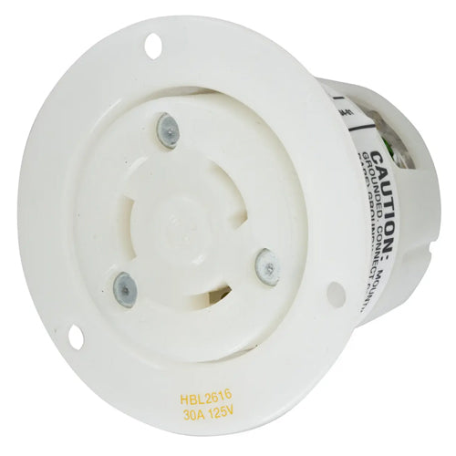 Hubbell HBL2616, Insulgrip Flanged Receptacles, Nylon Casing, Back Wired, 30A 125V, L5-30R, 2-Pole 3-Wire Grounding