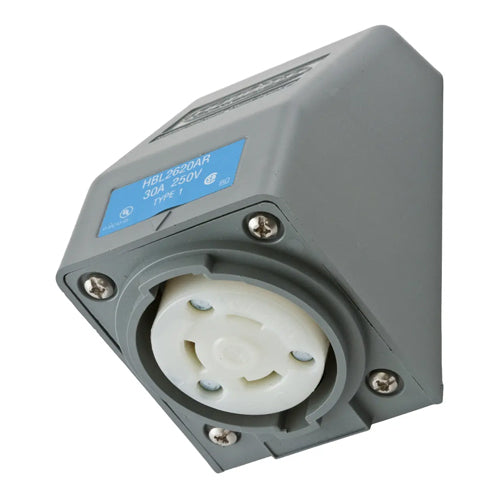 Hubbell HBL2620AR, Safety-Shroud Twist-Lock Receptacles, Angle Housing, One Gang, Back Wired, 30A 250V, L6-30R, 2-Pole 3-Wire Grounding