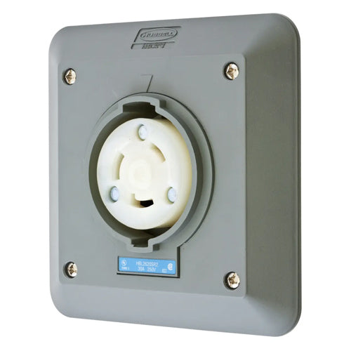 Hubbell HBL2620SR2, Safety-Shroud Twist-Lock Receptacles, Semi-Flush, Two Gang, Back Wired, 30A 250V, L6-30R, 2-Pole 3-Wire Grounding