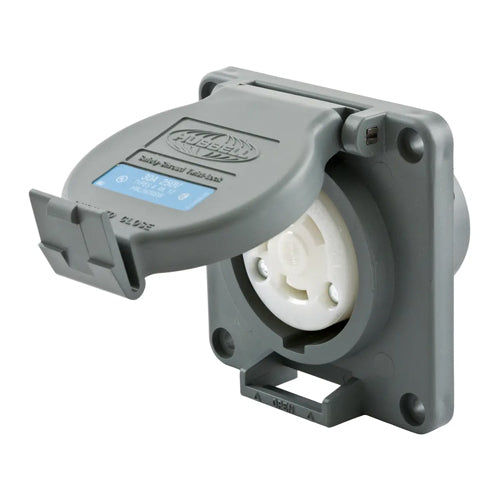 Hubbell HBL2620SW, Watertight Safety-Shroud Receptacles, Gray Housing and Flange, Back Wired, 30A 250V, L6-30R, 2-Pole 3-Wire Grounding