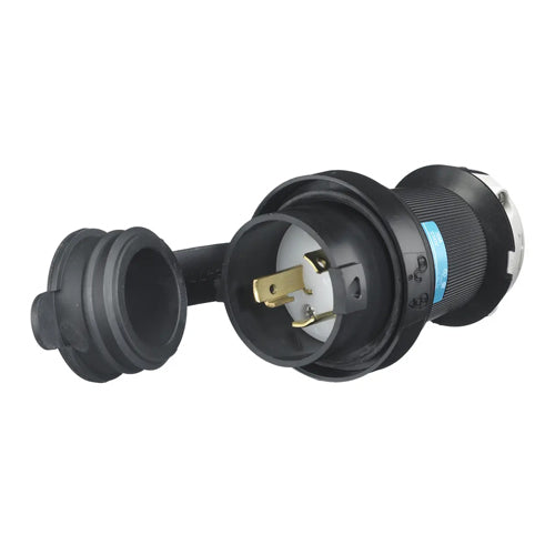 Hubbell HBL2621SW, Watertight Safety-Shroud Male Plugs, Black Housing, White Clamps, 30A 250V, L6-30P, 2-Pole 3-Wire Grounding