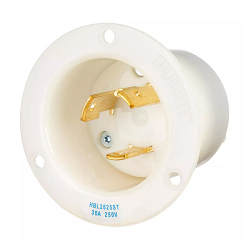 Hubbell HBL2625ST, Insulgrip Flanged Inlets, Nylon Casing, Spring Termination, 30A 250V, L6-30P, 2-Pole 3-Wire Grounding