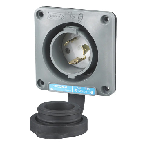 Hubbell HBL2625SW, Watertight Safety-Shroud Flanged Inlets, Gray Housing and Flange, 30A 250V, L6-30P, 2-Pole 3-Wire Grounding