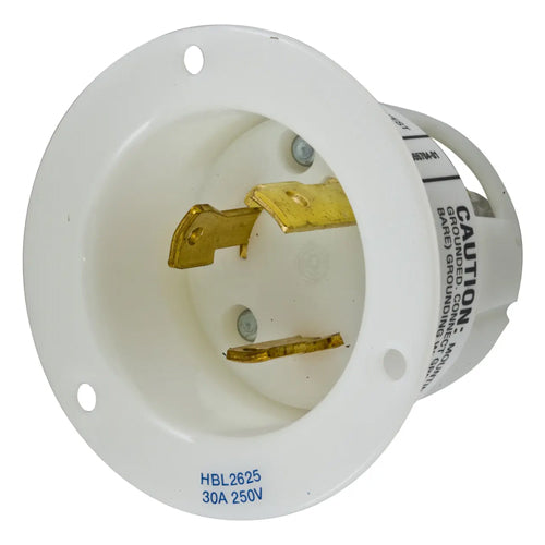 Hubbell HBL2625, Insulgrip Flanged Inlets, Nylon Casing, Back Wired, 30A 250V, L6-30P, 2-Pole 3-Wire Grounding