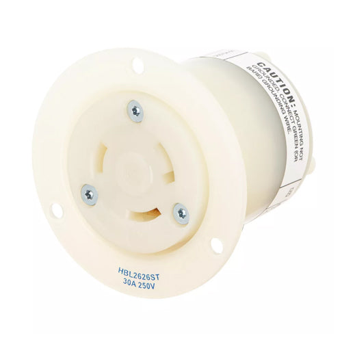 Hubbell HBL2626ST, Insulgrip Flanged Receptacles, Spring Termination, Nylon Casing, Back Wired, 30A 250V, L6-30R, 2-Pole 3-Wire Grounding