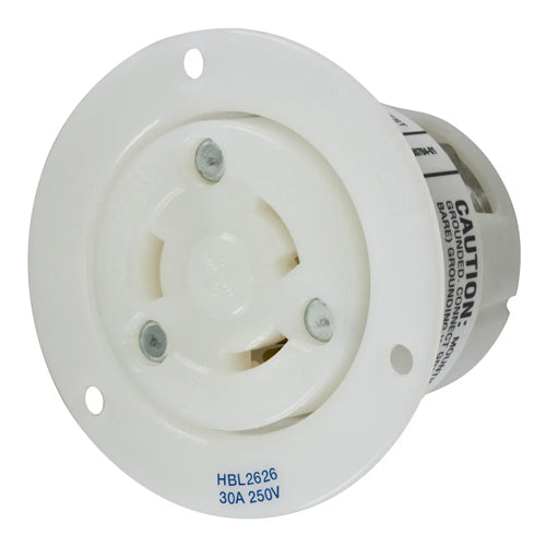 Hubbell HBL2626, Insulgrip Flanged Receptacles, Nylon Casing, Back Wired, 30A 250V, L6-30R, 2-Pole 3-Wire Grounding