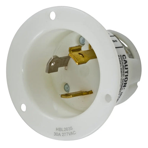 Hubbell HBL2635, Insulgrip Flanged Inlets, Nylon Casing, Back Wired, 30A 277V, L7-30P, 2-Pole 3-Wire Grounding