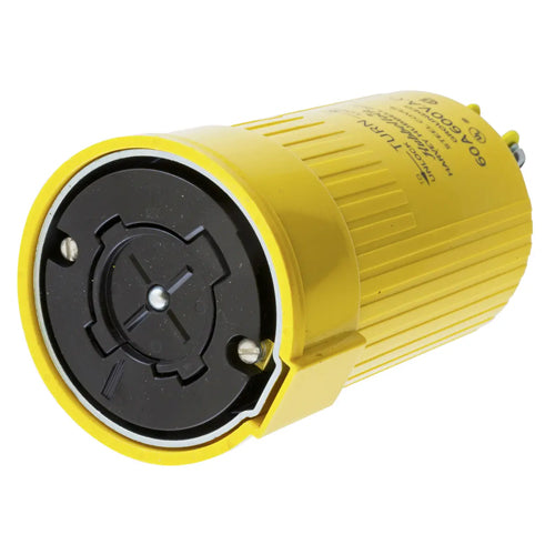 Hubbellock® HBL26418, Female Connector Body, Black Phenolic Interior with Yellow Thermoplastic Sleeve Over Steel Cover, 60A 600VAC, 3-Pole 4-Wire Grounding