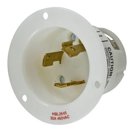 Hubbell HBL2645, Insulgrip Flanged Inlets, Nylon Casing, Back Wired, 30A 480V, L8-30P, 2-Pole 3-Wire Grounding