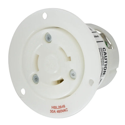 Hubbell HBL2646, Insulgrip Flanged Receptacles, Nylon Casing, Back Wired, 30A 480V, L8-30R, 2-Pole 3-Wire Grounding