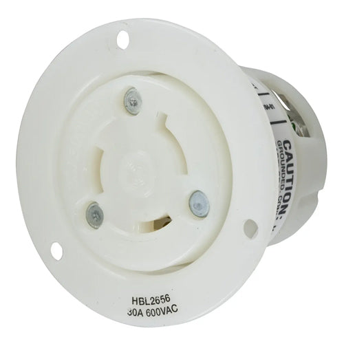 Hubbell HBL2656, Insulgrip Flanged Receptacles, Nylon Casing, Back Wired, 30A 600V, L9-30R, 2-Pole 3-Wire Grounding