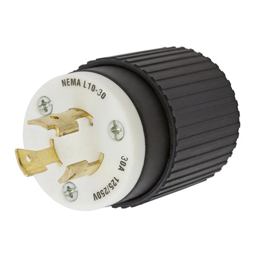 Hubbell HBL2661, Insulgrip Male Plug, Black and White Nylon, 30A 125/250V, L10-30P, 3-Pole 3-Wire Non-Grounding