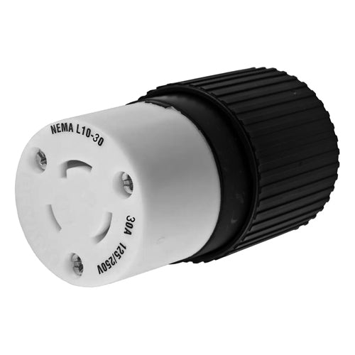 Hubbell HBL2663, Insulgrip Female Connector Body, Black and White Nylon, 30A 125/250V, L10-30R, 3-Pole 3-Wire Non-Grounding