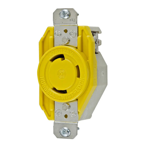 Hubbell HBL26CM10, Single Flush Receptacles, Corrosion Resistant, Yellow Nylon Face, Back and Side Wired, 30A 125V, L5-30R, 2-Pole 3-Wire Grounding