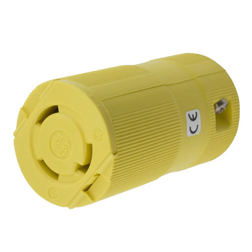 Hubbell HBL26CM13V, Valise Connector Body, Corrosion Resistant, Yellow Nylon, 30A 125V, L5-30R, 2-Pole 3-Wire Grounding