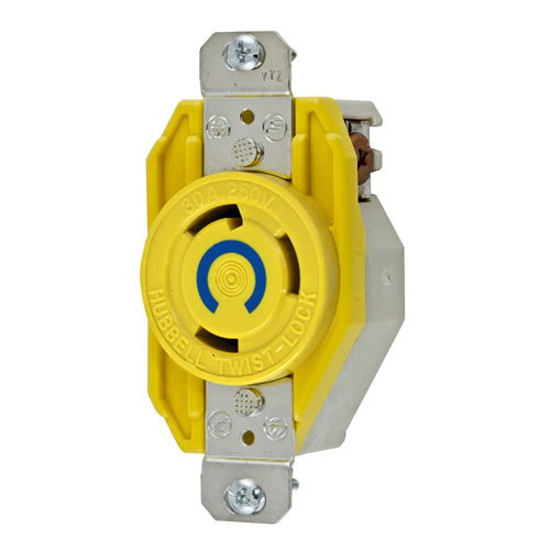 Hubbell HBL26CM20, Single Flush Receptacles, Corrosion Resistant, Yellow Nylon Face, Back and Side Wired, 30A 250V, L6-30R, 2-Pole 3-Wire Grounding