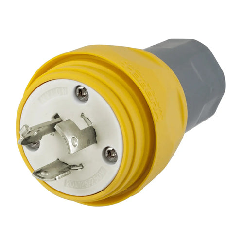 Hubbell HBL26W08, Watertight Twist-Lock Male Plug, Non-NEMA, 20A 125/250V, 1-Phase, 3-Pole 3-Wire Grounding, Yellow