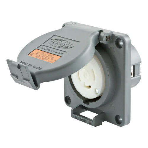 Hubbell HBL2710SW, Watertight Safety-Shroud Receptacles, Gray Housing and Flange, Back Wired, 30A 125/250V, L14-30R, 3-Pole 4-Wire Grounding