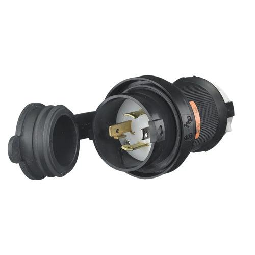 Hubbell HBL2711SW, Watertight Safety-Shroud Male Plugs, Black Housing, White Clamps, 30A 125/250V, L14-30P, 3-Pole 4-Wire Grounding