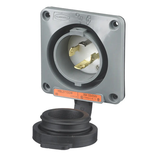 Hubbell HBL2715SW, Watertight Safety-Shroud Flanged Inlets, Gray Housing and Flange, 30A 125/250V, L14-30P, 3-Pole 4-Wire Grounding