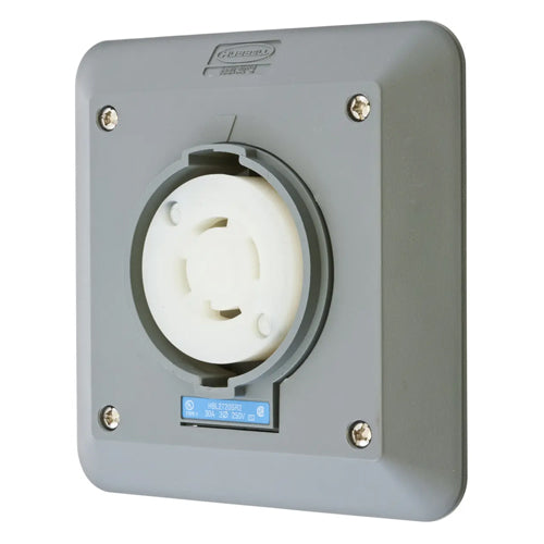 Hubbell HBL2720SR2, Safety-Shroud Twist-Lock Receptacles, Semi-Flush, Two Gang, Back Wired, 30A 250V, L15-30R, 3-Pole 4-Wire Grounding