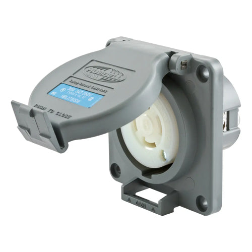 Hubbell HBL2720SW, Watertight Safety-Shroud Receptacles, Gray Housing and Flange, Back Wired, 30A 250V, L15-30R, 3-Pole 4-Wire Grounding