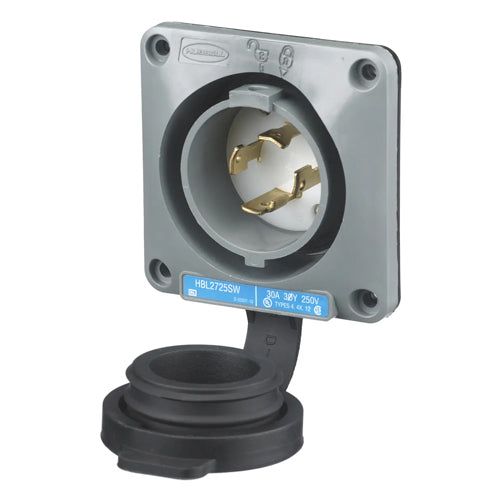 Hubbell HBL2725SW, Watertight Safety-Shroud Flanged Inlets, Gray Housing and Flange, 30A 250V, L15-30P, 3-Pole 4-Wire Grounding