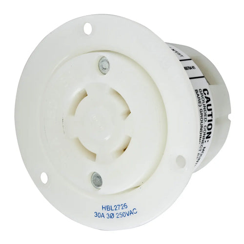 Hubbell HBL2726, Insulgrip Flanged Receptacles, Nylon Casing, Back Wired, 30A 250V, L15-30R, 3-Pole 4-Wire Grounding