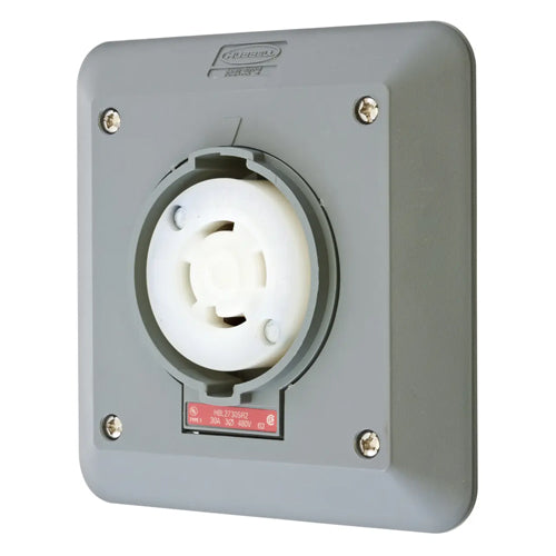 Hubbell HBL2730SR2, Safety-Shroud Twist-Lock Receptacles, Semi-Flush, Two Gang, Back Wired, 30A 480V, L16-30R, 3-Pole 4-Wire Grounding