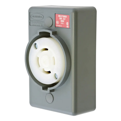 Hubbell HBL2730SR, Safety-Shroud Twist-Lock Receptacles, Surface Mounting, One Gang, Back Wired, 30A 480V, L16-30R, 3-Pole 4-Wire Grounding