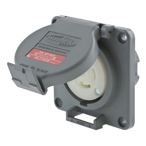 Hubbell HBL2730SW, Watertight Safety-Shroud Receptacles, Gray Housing and Flange, Back Wired, 30A 480V, L16-30R, 3-Pole 4-Wire Grounding
