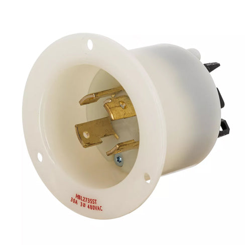 Hubbell HBL2735ST, Insulgrip Flanged Inlets, Spring Terminal, Nylon Casing, 30A 480V, L16-30P, 3-Pole 4-Wire Grounding