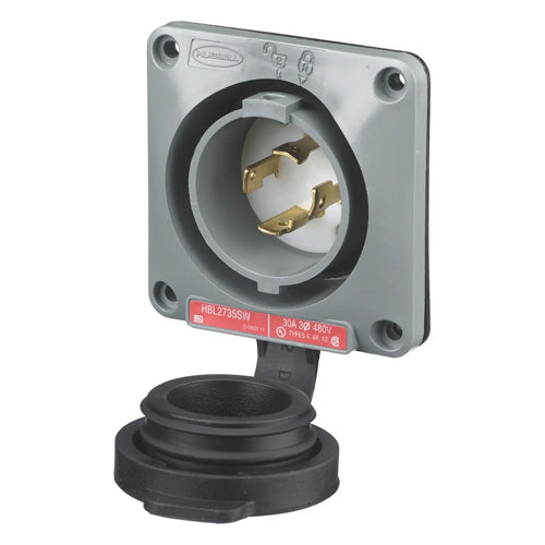 Hubbell HBL2735SW, Watertight Safety-Shroud Flanged Inlets, Gray Housing and Flange, 30A 480V, L16-30P, 3-Pole 4-Wire Grounding