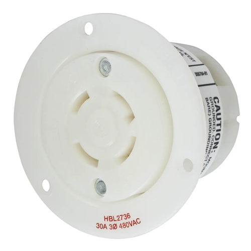 Hubbell HBL2736, Insulgrip Flanged Receptacles, Nylon Casing, Back Wired, 30A 480V, L16-30R, 3-Pole 4-Wire Grounding