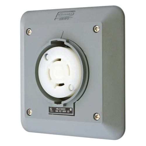 Hubbell HBL2740SR2, Safety-Shroud Twist-Lock Receptacles, Semi-Flush, Two Gang, Back Wired, 30A 600V, L17-30R, 3-Pole 4-Wire Grounding