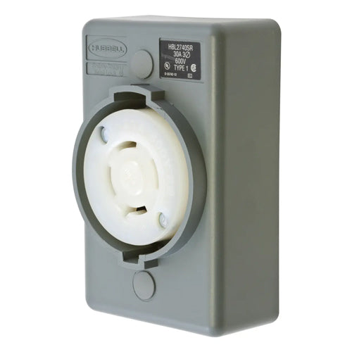 Hubbell HBL2740SR, Safety-Shroud Twist-Lock Receptacles, Surface Mounting, One Gang, Back Wired, 30A 600V, L17-30R, 3-Pole 4-Wire Grounding