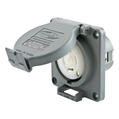 Hubbell HBL2740SW, Watertight Safety-Shroud Receptacles, Gray Housing and Flange, Back Wired, 30A 600V, L17-30R, 3-Pole 4-Wire Grounding