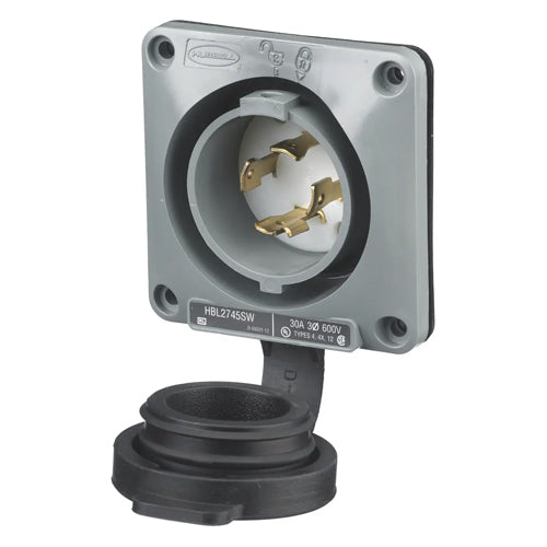 Hubbell HBL2745SW, Watertight Safety-Shroud Flanged Inlets, Gray Housing and Flange, 30A 600V, L17-30P, 3-Pole 4-Wire Grounding