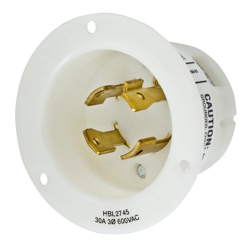 Hubbell HBL2745, Insulgrip Flanged Inlets, Nylon Casing, Back Wired, 30A 600V, L17-30P, 3-Pole 4-Wire Grounding