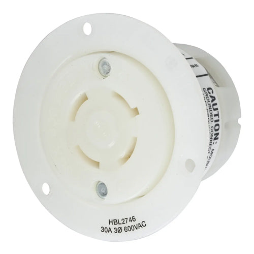 Hubbell HBL2746, Insulgrip Flanged Receptacles, Nylon Casing, Back Wired, 30A 600V, L17-30R, 3-Pole 4-Wire Grounding