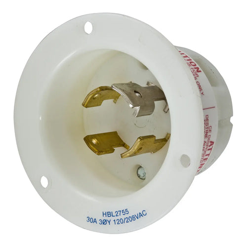 Hubbell HBL2755, Flanged Inlets, Nylon Casing, Back Wired, 30A 120/208V, L18-30P, 4-Pole 4-Wire Non-Grounding