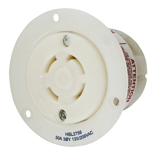 Hubbell HBL2756, Flanged Receptacles, Nylon Casing, Back Wired, 30A 120/208V, L18-30R, 3 Phase, 4-Pole 4-Wire Non-Grounding