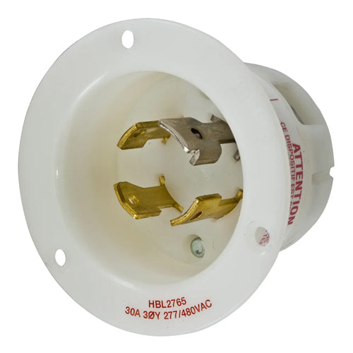 Hubbell HBL2765, Flanged Inlets, Nylon Casing, Back Wired, 30A 277/480V, L19-30P, 4-Pole 4-Wire Non-Grounding