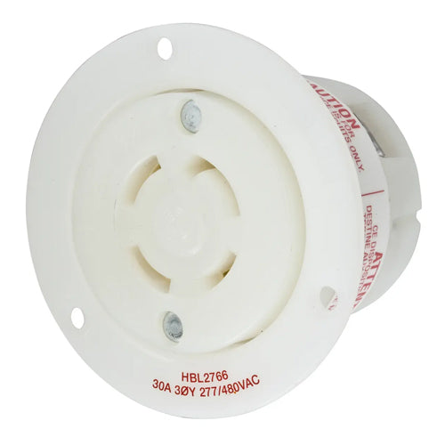 Hubbell HBL2766, Flanged Receptacles, Nylon Casing, Back Wired, 30A 277/480V, L19-30R, 3 Phase, 4-Pole 4-Wire Non-Grounding