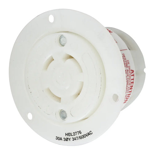 Hubbell HBL2776, Flanged Receptacles, Nylon Casing, Back Wired, 30A 347/600V, L20-30R, 3 Phase, 4-Pole 4-Wire Non-Grounding