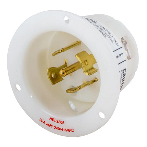 Hubbell HBL2805, Insulgrip Flanged Inlets, Nylon Casing, Back Wired, 30A 240/415V, L26-30P, 3 Phase, 4-Pole 5-Wire Grounding