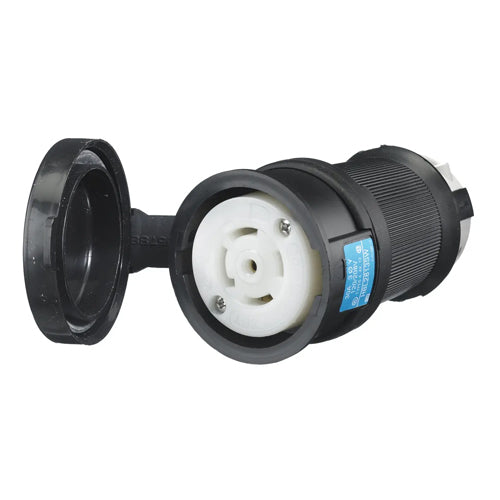 Hubbell HBL2813SW, Watertight Safety-Shroud Female Connector Bodies, Black Housing, White Clamps, 30A 120/208V, L21-30R, 3 Phase, 4-Pole 5-Wire Grounding