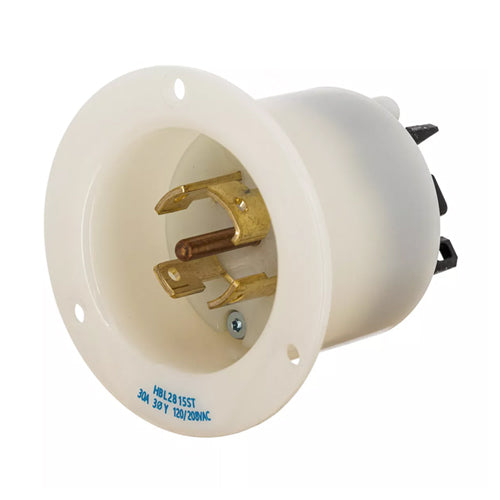 Hubbell HBL2815ST, Insulgrip Flanged Inlets, Spring Terminal, Nylon Casing, Back Wired, 30A 120/208V, L21-30P, 3 Phase, 4-Pole 5-Wire Grounding